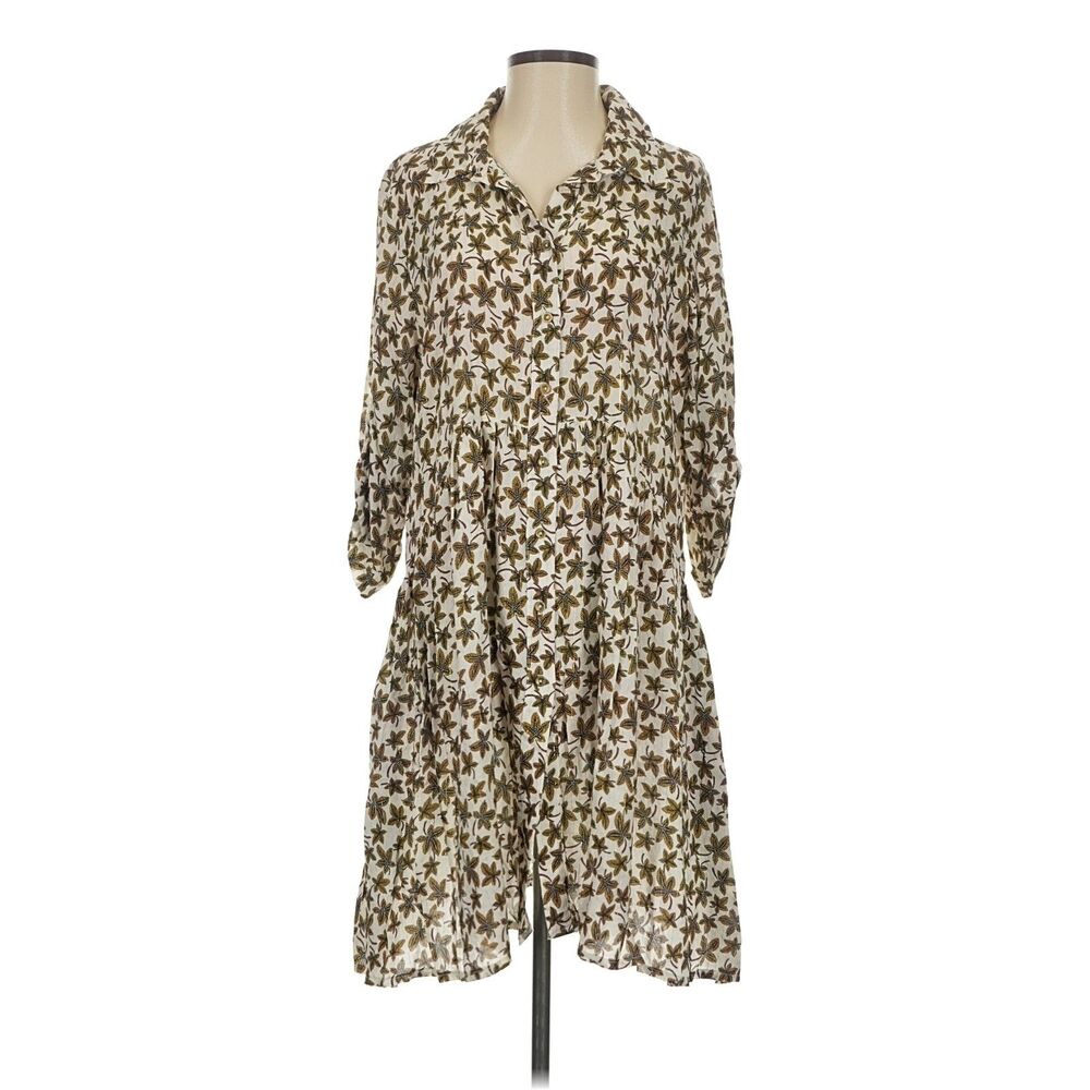 Paprika Ivory Olive Leaf Print Tiered Button Front Shirt Dress 3/4 Sleeve Size M